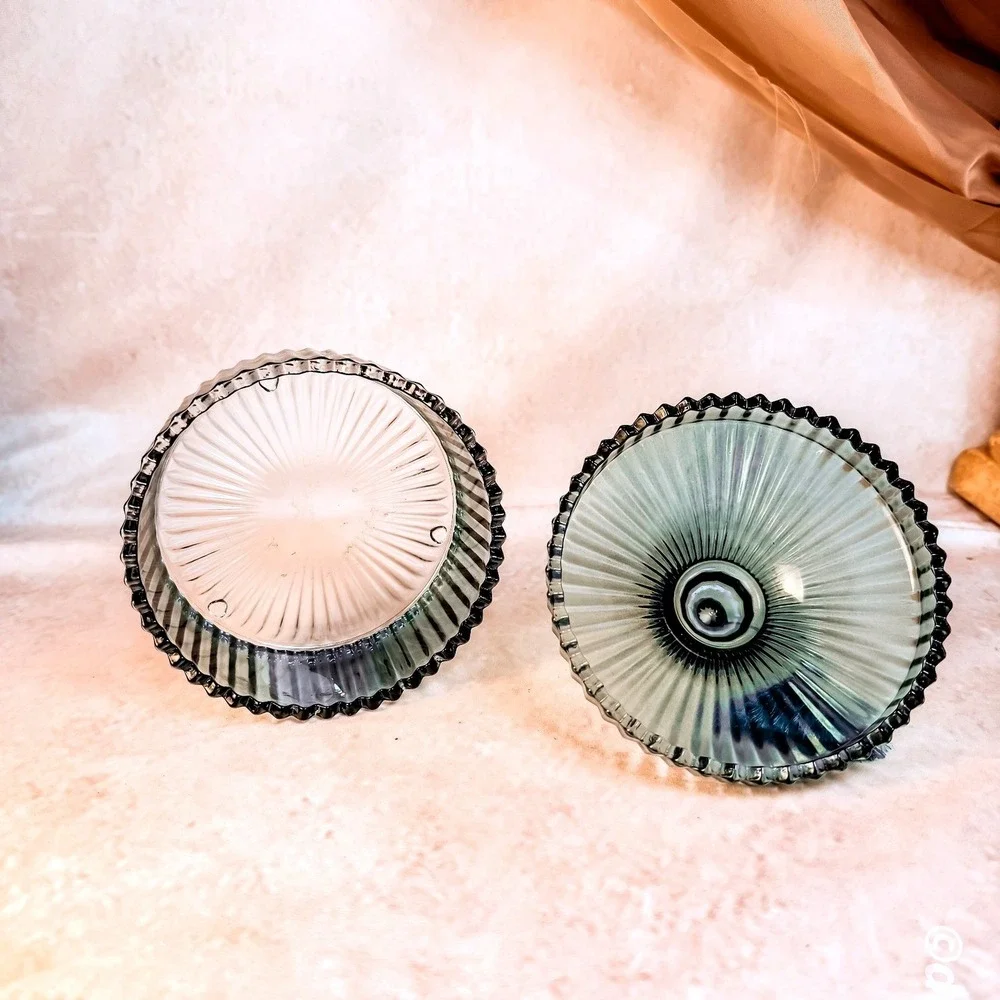 Blue Green Ribbed Glass Lidded Dish